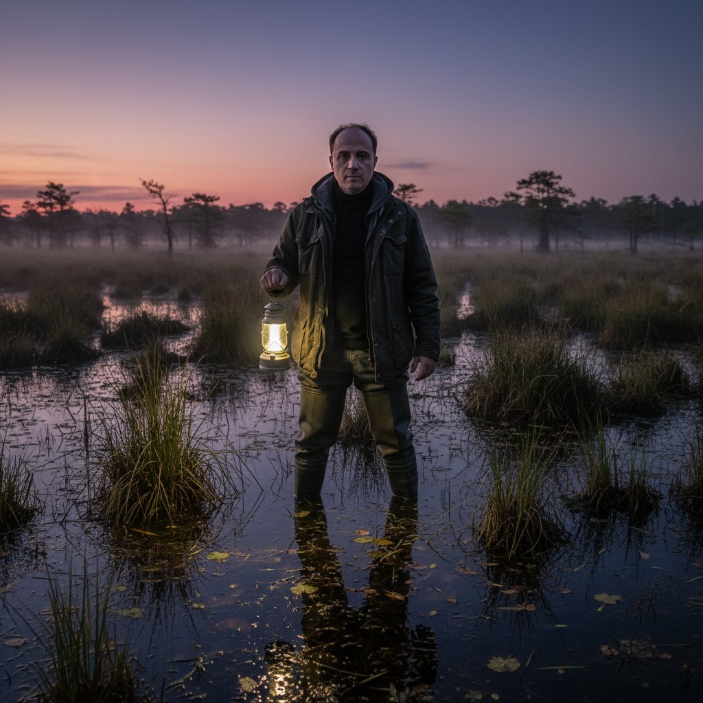 A man standing in a marsh at dusk holding a lantern