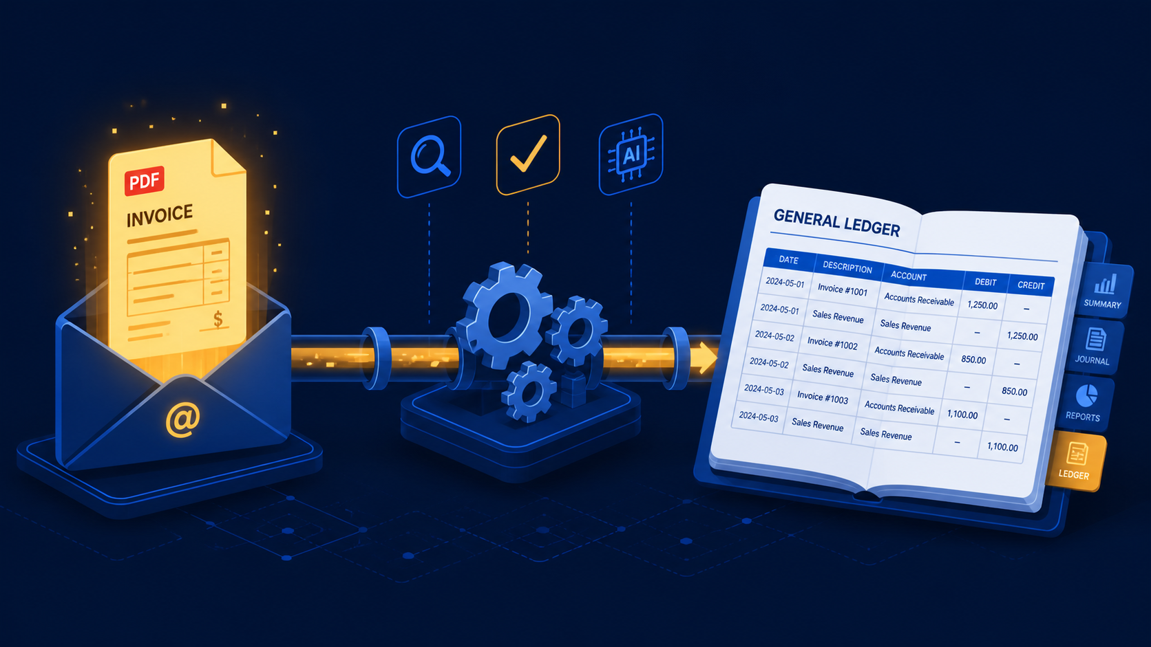 Automated Gmail invoice processing pipeline feeding structured accounting rows into a ledger